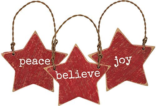 Primitives By Kathy Wooden 2 inches x 2 inches Hanging Ornament Joy Peace Believe Set of 3