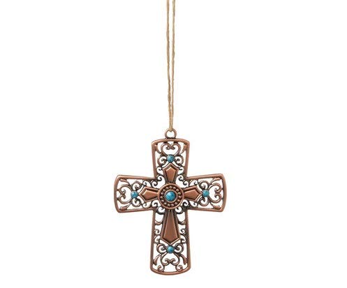 Midwest Gloves 4″ Decorative Bronze Tone Cross Christmas Ornament with Blue Faceted Stones