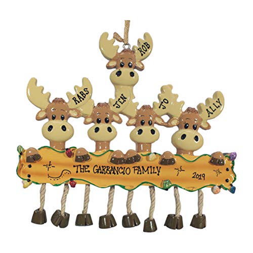 Personalized Christmas Tree Decoration Ornament 2019 – Traditional Home Décor – New Year Santa Gift – Holiday Fun w Hanging Hook – Moose Family of 5 – Free Customization