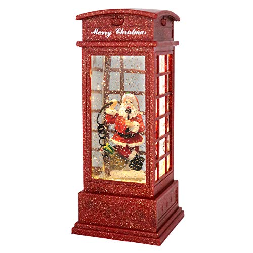 Wondise Telephone Booth Snow Globe Lantern Battery Operated and Timer, Christmas Snow Globe Lantern Spinning Water and Swirling Glitter Thanksgiving (Santa)