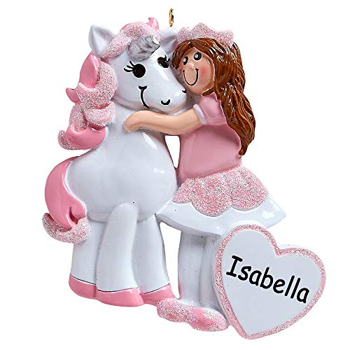 Personalized Glitter Unicorn and Princess with Pink Crown and Heart Detail Christmas Ornament Holiday Tree Decoration with Custom Name