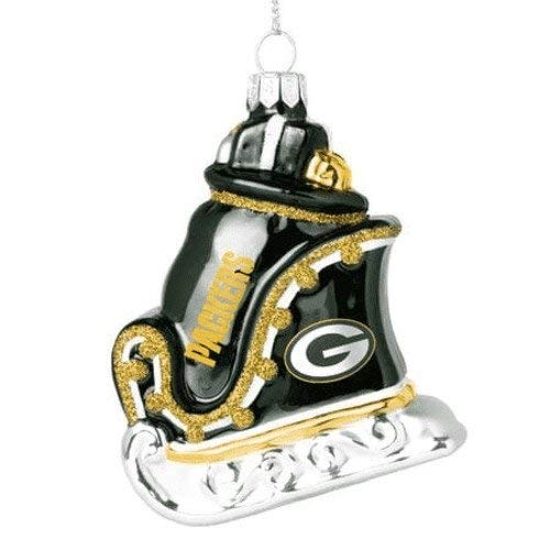 NFL Green Bay Packers Blown Glass Santa’s Sleigh with Sack Full of Presents Christmas Tree Ornament