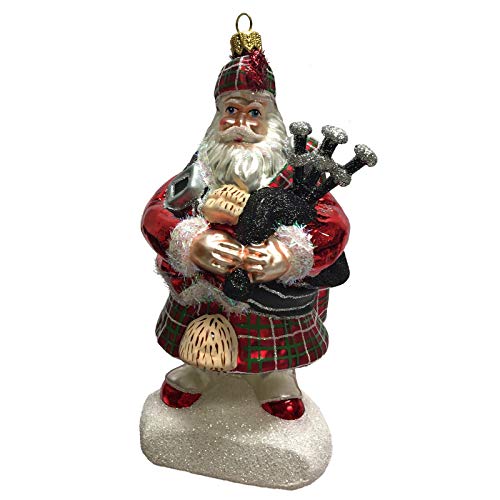 Pinnacle Peak Trading Company Scottish Santa in Kilt with Bagpipes Polish Glass Christmas Tree Ornament