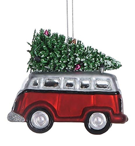 Creative Co-op Retro Camper Van with Tree Hand-Painted Glass Ornament