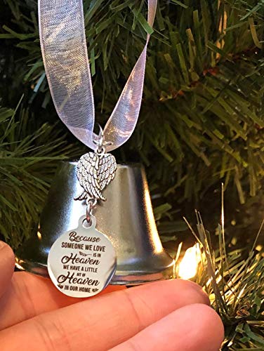 “Because Someone We Love Is In Heaven We Have A Bit Of Heaven In Our Home”, Double Angel Wing Link Silver Bell 2″ Ornament, Memorial Christmas Gift