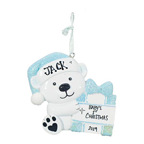 Personalized Christmas Tree Decoration Ornament 2019 – Traditional Home Décor – New Year Santa Gift – Holiday Fun w Hanging Hook – Baby Bear Holding Present (Blue) – Free Customization