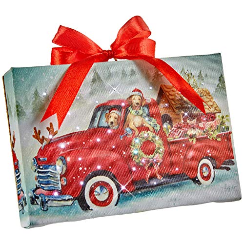 RAZ Imports Tabletop LED Lighted Print Ornament with Easel – Dogs Driving A Red Truck – 6 Inch
