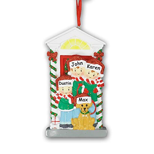 Personalized Christmas Holiday Family of 3 in Santa Hat and Winter Scarves with Pet Dog Glittered Detail Hanging Christmas Ornament with Custom Names