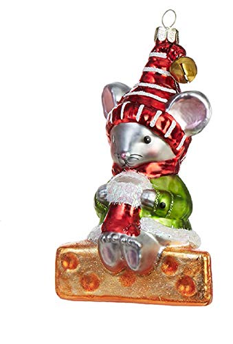 Raz 4.5-inch Glass Holiday Festive Mouse Sitting On Cheese Ornament