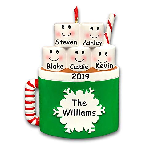 Personalized Marshmallow Family of 5 Christmas Ornament – Hot Cocoa Coffee Mug with Snowflake Detail – Your Choice Names and Date