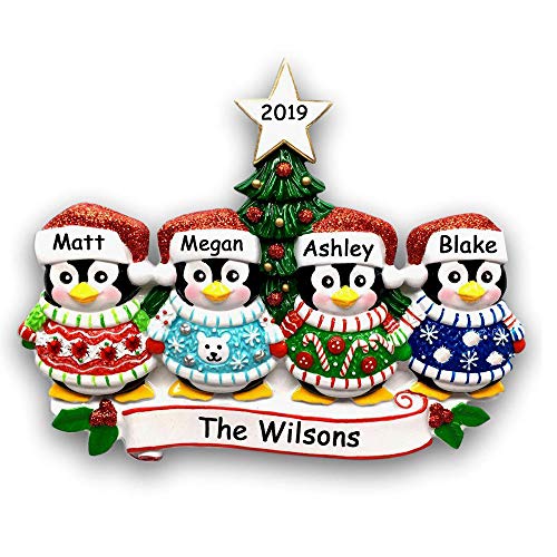 Personalized Festive Ugly Christmas Sweater Penguin Family of 4 with Glittered Santa Stocking Cap and Holiday Christmas Tree Detail Hanging Christmas Ornament with Custom Name and Date (Optional)