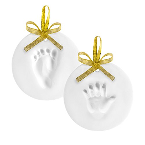 Pearhead Babyprints Handprint and Footprint Holiday Ornament Kit with Gold Ribbon to Capture Baby’s Prints This Christmas Season, 2 Pack Set