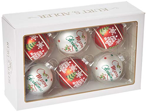 Kurt Adler Kurt S. Adler 80MM Red and White Christmas Saying Glass Ball, 6 Piece Box Ornament, Green