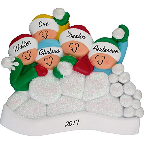 Calliope Designs Snowball Fight Personalized Christmas Ornament (5 People) – Family Fun in The Snow – Handpainted Resin – 4″ Tall – Free Customization