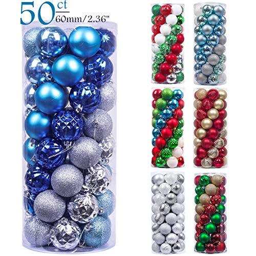 Valery Madelyn 50ct 60mm Winter Wishes Blue Silver Shatterproof Christmas Ball Ornaments Decoration,Themed with Tree Skirt(Not Included)