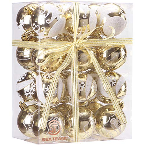 Sea Team 60mm/2.36″ Delicate Painting & Glittering Shatterproof Christmas Ball Ornaments Decorative Hanging Christmas Ornaments Baubles Set for Xmas Tree – 24 Counts (Gold)