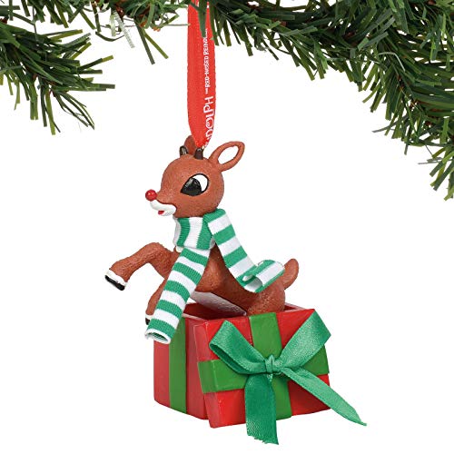 Department 56 Rudolph The Red-Nosed Reindeer Jumping Out of Gift Hanging Ornament, 2.75 Inch, Multicolor