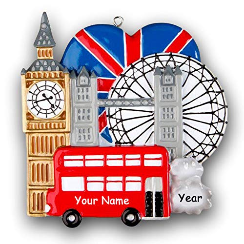 Polar X Personalized London England Sightseeing and Tourist Travel with Big Ben Tower London Eye Wheel and Double Decker Bus Hanging Christmas Tree Ornament with Custom Name and Date (Optional)
