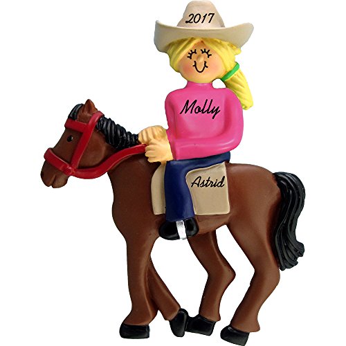 Calliope Designs Horseback Riding Personalized Christmas Ornament – Female – Blonde Hair – Handpainted Resin – 5″ Tall – Free Customization