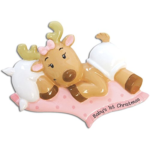 Personalized Baby’s 1st Christmas Reindeer Tree Ornament 2019 – Cute Christ-Moose Girl in Pink Bed Shower Tradition Nursery Grand-Daughter Child Kid Rudolph Red Nose Gift Year – Free Customization