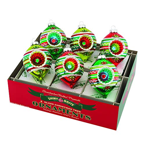 Christopher Radko Decorated Reflector Tulip Green Red 3 inch Glass Holiday Ornaments Box of 6