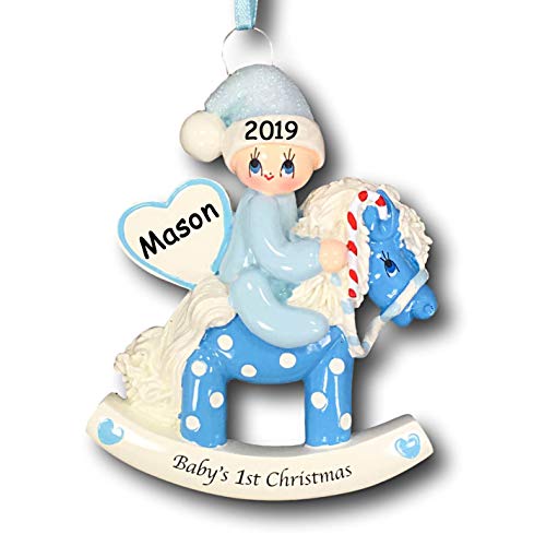 Personalized Baby Boy’s First Christmas Baby on Polka Dot Rocking Horse with Glittered Santa Hat Christmas Tree Ornament with Name and Date