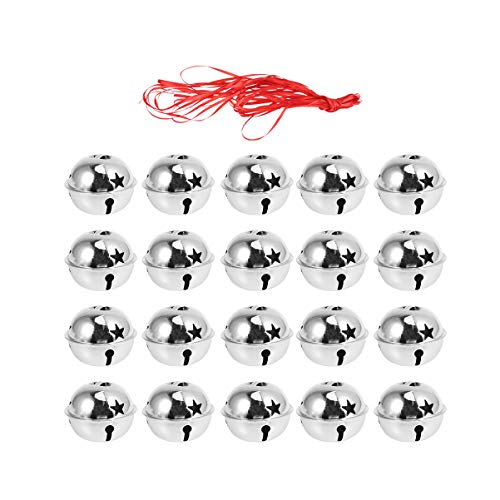 Holibanna 20pcs Christmas Jingle Bell, Silver Glitter Bells Hollow Out Star Sleigh Bell with Ribbon DIY Craft Xmas Tree Decor (4cm)