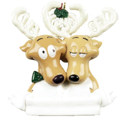 Personalized Reindeer Family of 2 Christmas Tree Ornament 2019 – Cute Romantic Deer Couple Under Mistletoe Ribbon Tradition Hug Gift 1st Flirt Rudolph Nose Year – Free Customization (Two)