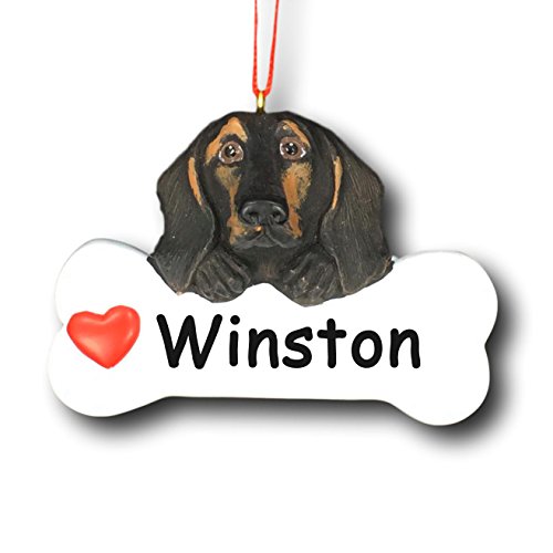 Personalized Dachshund Christmas Tree Ornament – Black and Tan Pet Wiener Dog Gift Bone with Red Heart Detail – Free Custom Name