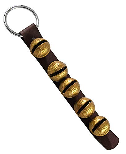 Home-X Brass Hanging Sleigh Bells, Jingle Bell Christmas Decor, Holiday Home Accessory-Brown Leather- 14 ¼” L x 3″ W x 2″ H